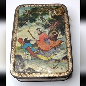 Vintage Almond Cake Tin box with Asian Art appx 13 cm x 12 cm